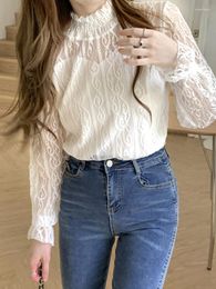 Women's Blouses White Lace Women Autumn Elegant Half High Collar Mesh Shirts Female Korean Fashion Sweet See Through Bottom Shirt