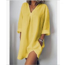 Casual Dresses Women Loose Shirt Long Sleeve V Neck Solid Felman Yellow Dress Home Leisure Linen Pocket White Vestidos 4XL1