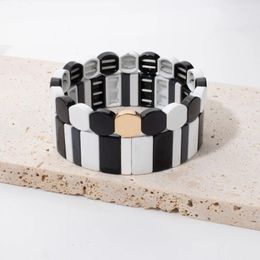 Strand Black & White Series Enamel Bangle For Women Gold Colour Elastic Bracelet Set Jewellery Accessories Gift