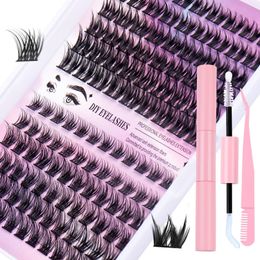 Handmade Reusable Grafting Eyelashes Extensions 126 Clusters 10-14mm Slender & Dense DIY Segmented Fake Lashes with Adhesive Eyelashes Tweezer Brush