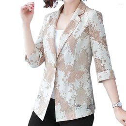 Women's Suits Blazers Lapel 3/4 Sleeve Slim Fit Single Button Women Blazer Unique Printing Lace Stitching Thin Office Suit Jacket Outerwear