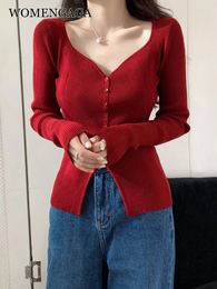 Women's Sweaters Sweet Wine Red Single Breasted V-neck Sweater Cardigan Thick Fashion Korean Women Autumn 9CGQ