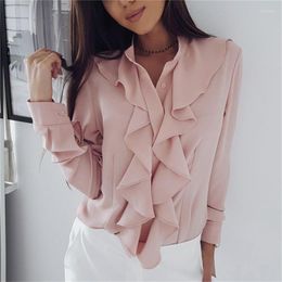 Women's Blouses White Blouse Fashion Female Full Sleeve Casual Shirt Elegant Ruffled V-Neck Office Lady Tops Women Wear