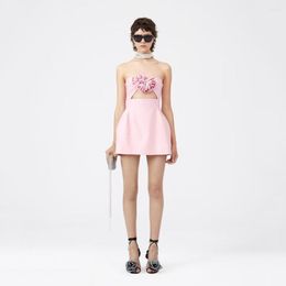 Casual Dresses Pink Strapless Tight-fitting Fishbone With Removable Rose Flower Corset Women's Dress 2023 Spring Fashion Sexy A-line