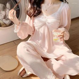 Women's Sleepwear 2023 White Gauze Lovely Ladies Pajamas Autumn Bow Cotton Long Sleeve Leisurewear Suit In The Spring And