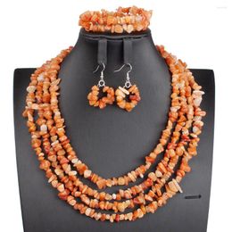 Necklace Earrings Set Handmade Natural Chips Stone Beads Jewellery For Women 4 Layers African Wedding Gift TN052