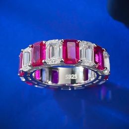 Eternity Ruby Diamond Ring 100% Real 925 Sterling Silver Party Wedding Band Rings for Women Men Engagement Jewelry Gift