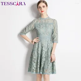 Casual Dresses TESSCARA Women Summer Elegant Green Lace Dress High Quality Office Lady Cocktail Party Robe Vintage Designer A-Line Vestidos