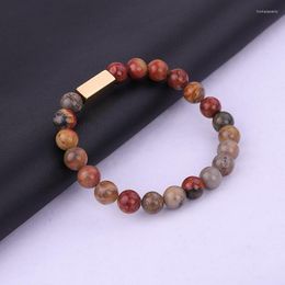 Strand Fashion Men Women Jewellery Custom Logo Text Stainless Steel Bar Natural Stone Beaded Elastic Bracelet