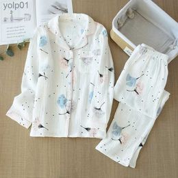 Women's Sleepwear Ladies Pyjamas Set 100% Gauze Cotton Ginkgo Leave Printed Pyjamas Women 2Pcs Turn-down Neck Shirt+Pants Comfort Nature SleepwearL231109