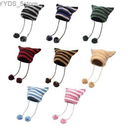 Beanie/Skull Caps Japanese Y2K Cute Black White Striped Cat Ears Wool Hat Women Autumn Winter Warm Little Devil Hanging Ball Knitted Beanie Hat YQ231108