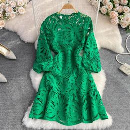 Casual Dresses Autumn Lace Women Celebrity Style Half-high Collar Lantern Sleeve Hollowed-out Water Soluble A-line Fishtail Dress