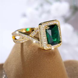 Wedding Rings Princess Cur Big Green Stone Square Bands Antique Gold Color White Zircon Crossed Engagement For Women Jewelry CZ