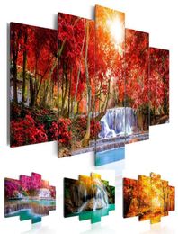 5 Panel Beautiful Waterfall Landscape Painting Flowers Modern Pictures on Canvas Modern Living Room Office DecorationNo Frame2067178