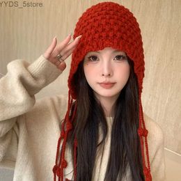 Beanie/Skull Caps Handmade Knitted Hat Cute Tassel Wool Pullover Hat Warm Windproof Ear Protection Hat New Year's YQ231108