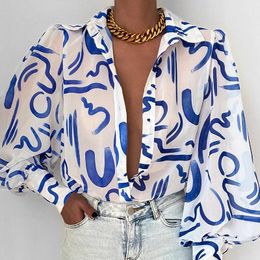 Women's Blouses & Shirts Autumn Women Retro Pattern Print Blouse Spring Turn-down Collar Button Office Tops Harajuku 2023 Lantern Long Sleev