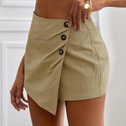 Women's Shorts 2023 Women's Summer Fashion Linen Buttons Pure Color Female Casual Loose Culottes Zipper Irregular