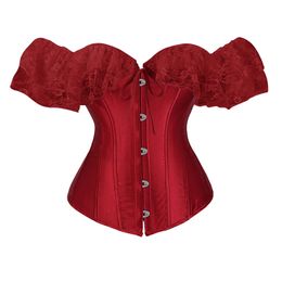 Women Gothic Satin Lolita Overbust Corset Top with Lace Off-shoulder Sleeves Plus Size Fashion Shapewear Victorian Corpete Korset Clubwear Multicolors XS-6XL