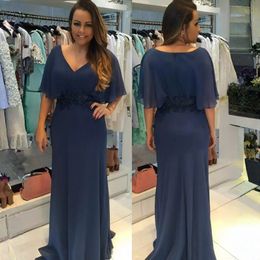 Navy Blue V-Neck Mother of The Bride Dresses Groom Dresses Long Sleeves Chiffion Cheap Floor Length Evening Gowns African Nigeria Styles Lace Wedding Guest Gowns