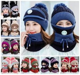 Knitted Hats Masks Scarf Set Beanies With Valve Mask Scarf Winter Wool Pompon Casual Cycling Caps Sets Party Hats Neckerchiefs FY34571604