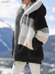 Women's Fur Faux Fur Winter Fashion Women's Coat New Casual Hooded Zipper Ladies Clothes Cashmere Women Jacket Stitching Plaid Ladies CoatsL231109