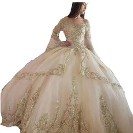 2023 Сексуальные шампанские золотые платья Quinceanera Sequined Ball Plow Off Appliques Seadiques Plus Sweet 16 Sweet 16 Formal Part Prom Prom Prom Prom Prom Promting