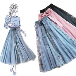 Skirts Gauze Ball Gown Skirt 2023 Summer Mid-Length Bow High Waist Lace Long Dress Women Clothing
