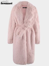 Women's Fur Faux Fur Nerazzurri Winter Long Oversized Pink Hairy Thick Warm Soft Faux Fur Coat Women Sashes High Quality Loose Casual Furry OvercoatL231109