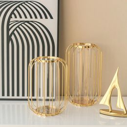 Vases Nordic Simple Golden Glass Vase Hydroponic Plant Flower Vase Iron Geometric Glass Test Tube Metal Plant Holder Modern Home Decor 231109