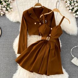 Work Dresses Preppy Style Autumn Two Piece Sets Womens Outifits Women Set Full Button Coat Spaghetti Strap Bra Pleated Drop