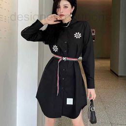 Basic & Casual Dresses designer luxury TB style flower embroidery polo collar long sleeved women's shirt dress black and white lining with waistband for slimming free