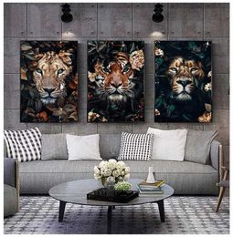 Çiçek hayvan aslan kaplan geyik leopar soyut tuval boyama duvar sanatı nordic basılı poster dekoratif resim oturma odası dekor 24401027