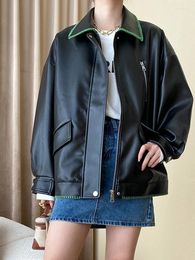 Women's Jackets Loose Fit Black Pu Leather Topstitched Big Size Jacket Lapel Long Sleeve Women Coat Fashion Spring Autumn O708