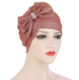 Beanies Multicolor Glitter Bowknot Fashion Turban Hat Cross Forehead Big Bow DiamondStudded Turbans For Women Headwrap Muslim 2024343995
