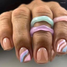 False Nails 24pcs Fashion With Glue Square Head Press On Pink Blue Color Matching Stripes Fake Nail Tips Full Cover Fingernails