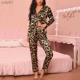 Women's Sleepwear Autumn Satin Pyjamas Women Sleepwear Print Leopard Pyjamas Set Women Home Suits Fe Loungewear Lounge Wear Set Pjs NightwearL231109