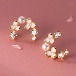 Stud Earrings S925 Sterling Silver Synthetic Pearl Inlaid Zircon Curved Flower Exquisite Women's Ear Piercing Earring