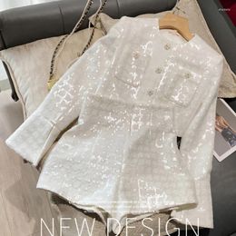 Women's Tracksuits Spring Women Sequined Blazers Coat Round Neck Beading Diamonds Buttons Suits Jacket OL Cardigan Tops Wide Legs Shorts