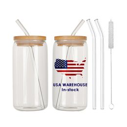 USA CA Warehouse Impresión de vinilo UV personalizada, tarros de vidrio con forma de lata de cerveza transparente de 16oz, vasos con tapa de bambú y pajita de vidrio