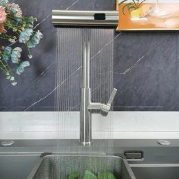 Bathroom Sink Faucets Nickel 304 Stainless Steel Pull-out Kitchen Faucet Waterfall And Cold Mixed Water Tap Multi-function Rinse Rotate