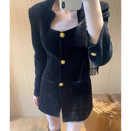 Womens Dress Black corduroy round neck with water drop hollowed out holes and metal buckle waist up dress