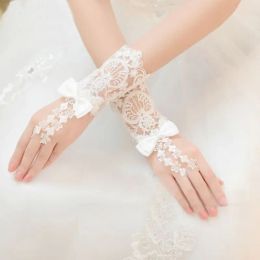 Embroidery Floral Lace Short Wedding Gloves Satin Bowknot Beaded Bridal Mittens