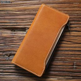 Wallets Genuine Leather Wallet For Men Women Cowhide Vintage Handmade Long Clutch Purse With Card Holder Zipper Coin Pocket Money Bag