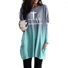 Women's T Shirts Fashion Gradient Long Sleeve Pocket T-Shirt Jesus Saved My Life Print For Women Plus Size Top Large Tshirt