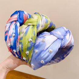 Bohemian Tie-dye Satin Heart Pearl Knot Hairband Hair Hoop Women Wide-brimmed Headband Hair Accessories