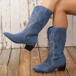 Boot's MidCalf Cowboy Boots 2023 Winter Shoes for Female Fashion Slipon Square Heel Casual Shoe Med Ladies Boot 231109