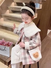 Jackets Girls Wool Jacket For 1-8 Years Old Baby Plush Plaid Coat Winter Autumn Double Breasted Kids Windbreaker XMP606 231109