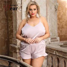 Women's Sleepwear Comeondear Ladies Pyjama Sets Homecoming Satin Top Nightwear 5XL Plus Size Halter Chiffon Sleepwear With Ruffle Short Pants SuitL231109