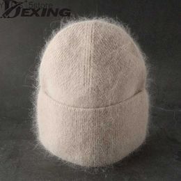 Beanie/Skull Caps 2022 New Angora Winter Hat For Womens Rabbit Fur Fluffy Knitted Beanies Hat Bonnet Female Soft Warm SKI Skullies Beanies YQ231108