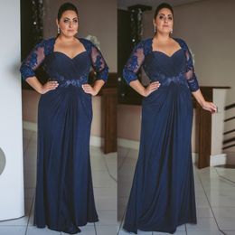Navy Blue Long Sleeves Mother of The Bride Dresses Lace Sash Floor-Length Draped Pleated Chiffon Mother's Dress Wedding Guest Elegant Prom Gown